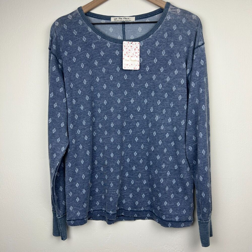 Free People Top Womens XS Blue White Long Sleeve Oversized Burnout Ladies